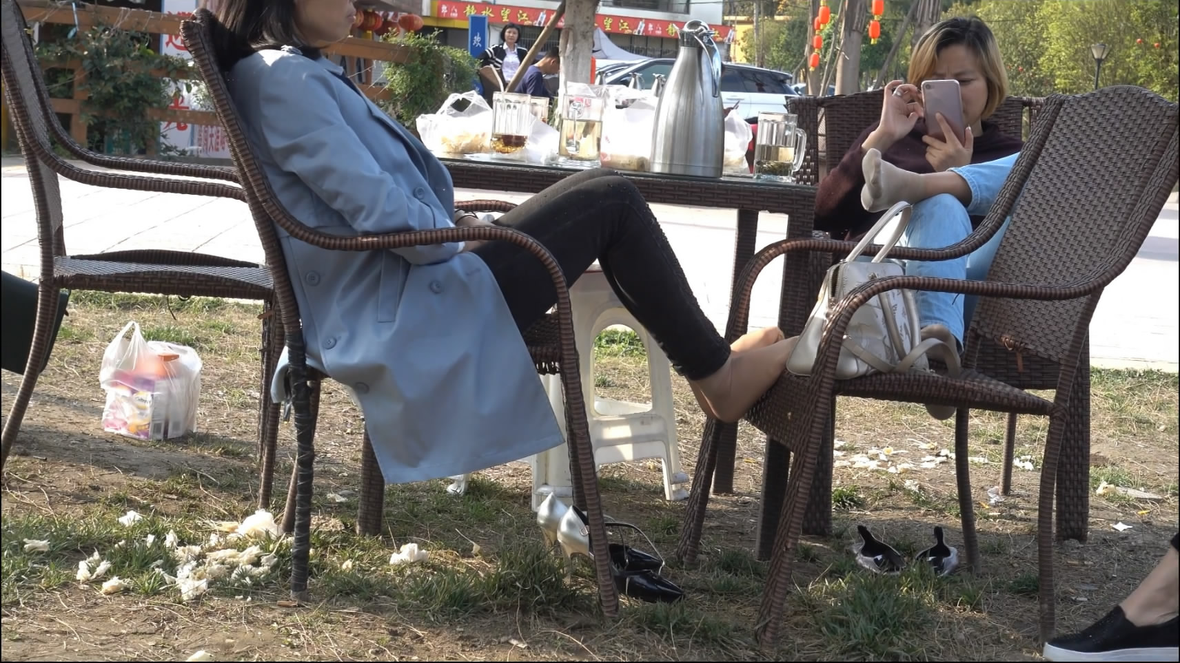Breakfast with nylon feet